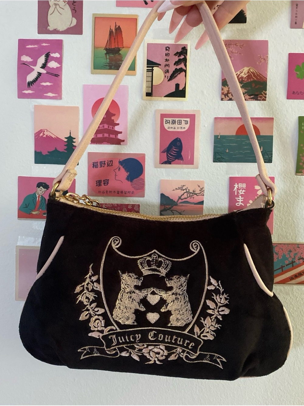 Juicy Couture Black Velvet Shoulder Bag with Pale Pink Handles